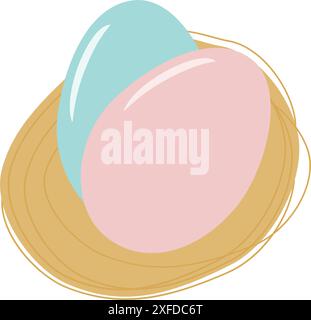 Uova di Pasqua in blu e rosa morbidi alla moda nel nido. Cartolina di auguri di Pasqua o banner design Isolated Vector Sticker, poster, banner, cartellone, brochure, etichetta prezzo, etichetta o web, idea promozionale Illustrazione Vettoriale
