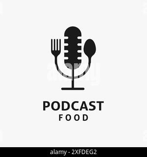 Posate e microfono per il design del logo del podcast alimentare Illustrazione Vettoriale