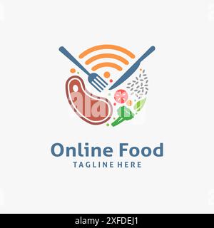 Cibo e wireless per il design del logo del cibo online Illustrazione Vettoriale