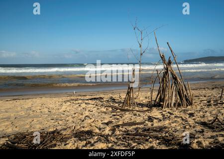 Bastoni sulla spiaggia trasformati in un forte, da una recente tempesta che ha lavato i bastoni e i rami sulla spiaggia Foto Stock