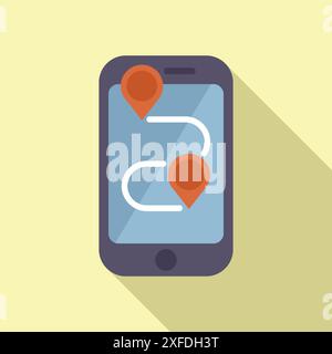 Lo smartphone mostra la strada con due pin di posizione e il percorso di navigazione Illustrazione Vettoriale