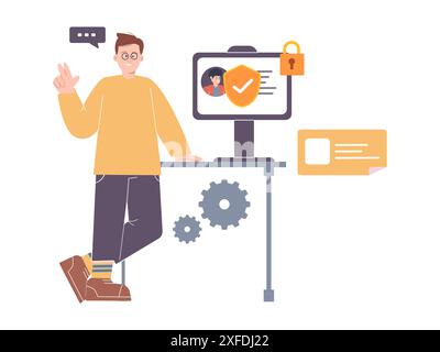 Un esperto di protezione dei dati si trova di fronte a un computer bloccato da un ransomware che hacking una minaccia Illustrazione Vettoriale