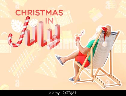 Banner festivo per Natale a luglio con Babbo Natale con cocktail seduti sul lettino Foto Stock