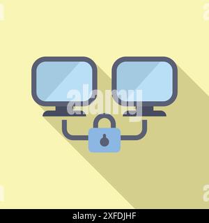 Due computer che condividono i dati in rete con connessione sicura, icona dal design piatto con un'ombra lunga Illustrazione Vettoriale
