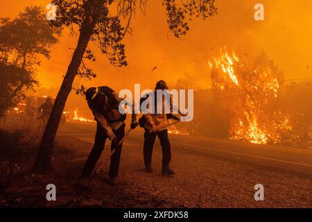 Oroville, Stati Uniti. 10 maggio 2024. I vigili del fuoco abbattono i punti caldi dopo che l'incendio di Thompson ha saltato Canyon Rd a Oroville, California, martedì 2 luglio 2024. Il caldo estremo ha colpito i paesaggi asciutti costringendo le evacuazioni mentre la California entra nella stagione degli incendi. Foto di Peter DaSilva/UPI credito: UPI/Alamy Live News Foto Stock