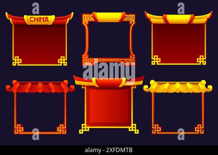 Cornici cinesi color oro-rosso. Sfondo in stile cinese. Elemento di gioco, icona APP o banner Illustrazione Vettoriale