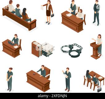 Tribunale isometrico. Elementi di giustizia e di diritto, giudici di avvocati e poliziotto. Sentenza e processo giuridico, imputato e testimone perfetto insieme di vettori Illustrazione Vettoriale