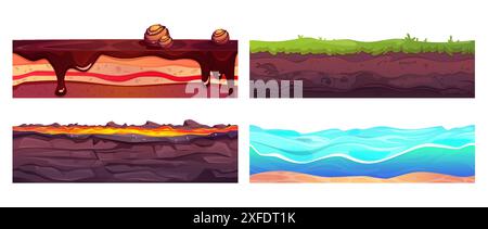 Taglia la piattaforma del terreno per la progettazione dell'interfaccia utente di gioco. Sezioni di terra per la creazione di terreni pianeggianti con superficie diversa: Erba verde e onde di acqua di mare, lava fluente e dolce dessert al cioccolato. Set vettoriale cartoni animati. Illustrazione Vettoriale