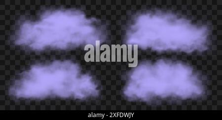 Set di fumi viola, nebbia o nuvole di gas. Illustrazione vettoriale 3d realistica di un'immagine isolata su sfondo trasparente. Illustrazione Vettoriale