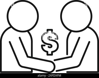 Due uomini d'affari stringono la mano con un segno di dollaro tra di loro, che rappresenta un affare di successo Illustrazione Vettoriale