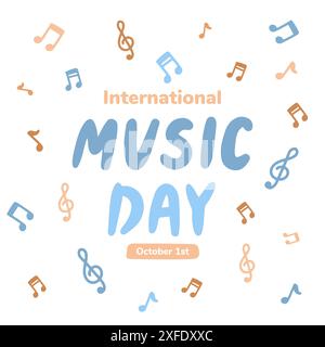Vector Line Art per gli strumenti della giornata internazionale della musica in stile flat scritto a mano Illustrazione Vettoriale