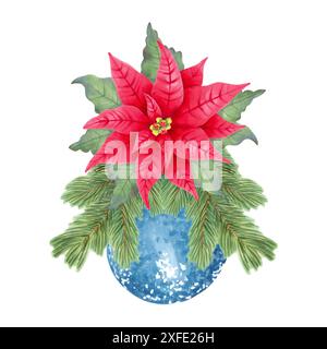 I rami di pino sono decorati con un fiore poinsettia e un albero di Natale lucente di colore blu. Illustrazione acquerello botanico sul tema del nuovo Foto Stock