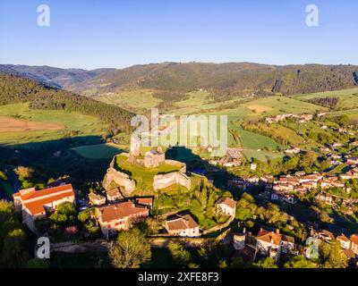 Francia, alta Loira, Saint Ilpize, castello e cappella, valle dell'Allier (vista aerea) Foto Stock