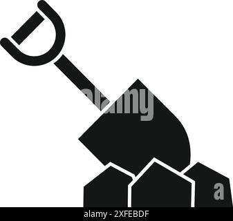 Silhouette nera di una pala scavata in un mucchio di rocce, che rappresenta la costruzione o il giardinaggio Illustrazione Vettoriale