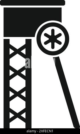 Icona nera di una torre di raffreddamento ad acqua con un fiocco di neve, che indica il suo utilizzo in inverno Illustrazione Vettoriale