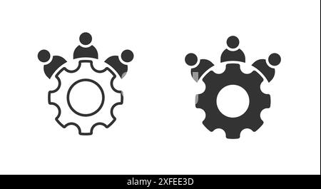 Icona persone e ingranaggi. Cartello di gestione del lavoro di squadra. Team aziendale. Illustrazione vettoriale piatta. Illustrazione Vettoriale
