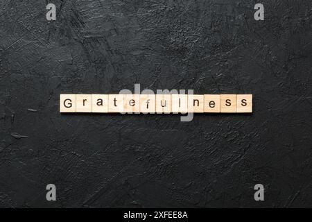 parola di gratitudine scritta su blocco di legno. testo di gratitudine su tabella di cemento per il vostro desing, concetto. Foto Stock