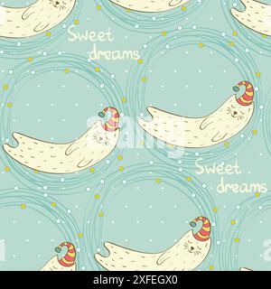 Gatto dormiente cartoni animati. Illustrazione disegnata a mano. Motivo senza cuciture Illustrazione Vettoriale