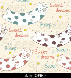 Mucca dormiente del cartone animato. Simpatico motivo senza cuciture disegnato a mano Illustrazione Vettoriale