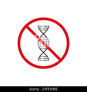 Nessun simbolo del DNA. Icona rossa di divieto. Divieto di modificazione genetica. Design vettoriale semplice. Illustrazione Vettoriale