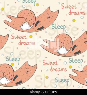 Cartoon Sleeping Fox. Simpatico motivo vettoriale senza cuciture Illustrazione Vettoriale