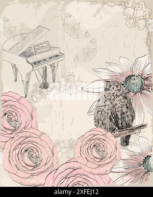 Sfondo retrò. Illustrazione di un gufo e fiori estivi in fiore Illustrazione Vettoriale