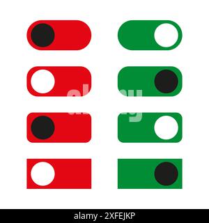 Icone interruttore a bilanciere. Set di vettori rosso e verde. Pulsanti di accensione e spegnimento. Design semplice dell'interfaccia. Illustrazione Vettoriale