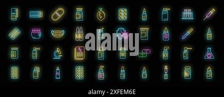 Le icone dei farmaci antivirali definiscono il vettore del contorno. Siringa COVID. Il colore del neon della droga del corona sul nero Illustrazione Vettoriale