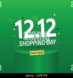 Poster o banner del giorno dello shopping 12,12 con tema verde. 12 dicembre design del modello di banner per le vendite per social media e siti Web. Illustrazione Vettoriale