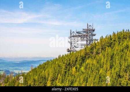 La torre Sky Walk nel Dolni Morava Resort, circondata da alberi e cielo blu, presenta piattaforme circolari e guglie. Foto Stock