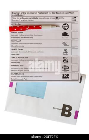 Candidati per il collegio elettorale di Bournemouth West su Ballot Paper per le elezioni parlamentari del 2024 nel Regno Unito Foto Stock