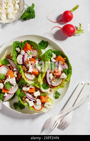 sane lattughe dolci di patate con ravanello, feta, lenticchie Foto Stock