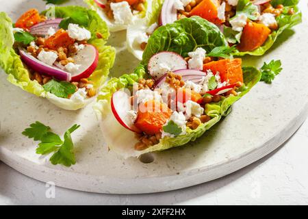 sane lattughe dolci di patate con ravanello, feta, lenticchie Foto Stock