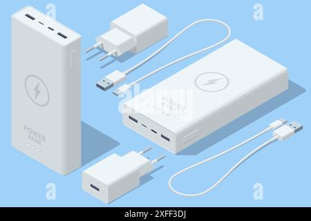 Isometri Powerbanks impostato isolato su sfondo bianco. Caricabatterie portatile Illustrazione Vettoriale