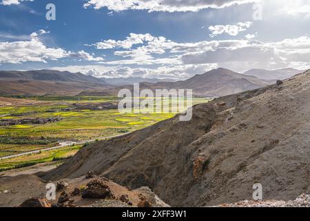 Vista su Sakya e la fioritura dei semi di colza nel Tibet centrale, cielo al tramonto con spazio copia Foto Stock