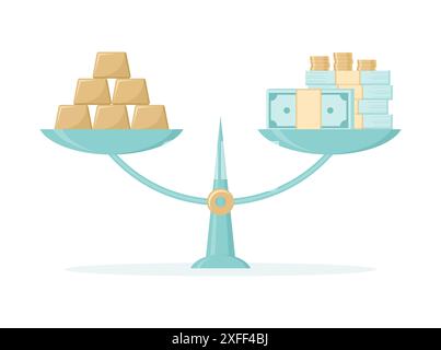 Barre d'oro e pile di denaro su bilance isolate su sfondo bianco. Illustrazione vettoriale piatta Illustrazione Vettoriale