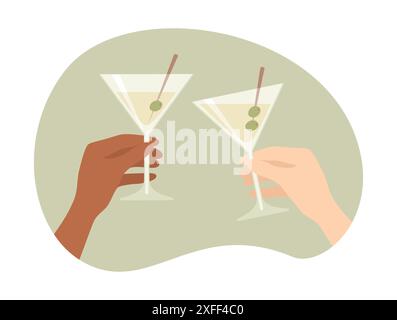 Due mani femminili che stringono bicchieri di martini con olive su uno spiedino. Illustrazione vettoriale in stile piatto Illustrazione Vettoriale