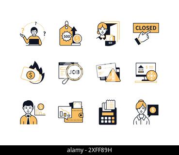 Difficoltà finanziarie e lavorative - icone di stile di design della linea impostate Illustrazione Vettoriale
