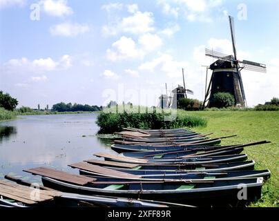 Barche a remi nel fosso dei tre mulini a vento di Molendriegang Leidschendam, Olanda Foto Stock