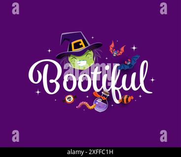 Citazione di Halloween, maglietta imbottita. Banner vettoriale per feste con cartoni animati che ridono il volto di una strega, pipistrelli volanti, pozione magica e dolcetti che donano incanto e sorrisi alla stagione spettrale Illustrazione Vettoriale