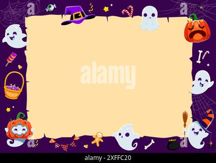 Halloween, simpatici fantasmi kawaii e manoscritti d'epoca, vettore di cartoni animati per lo sfondo delle vacanze. Divertenti fantasmi con zucche, cappello da strega e dolcetti in ragnatela sul manoscritto Illustrazione Vettoriale