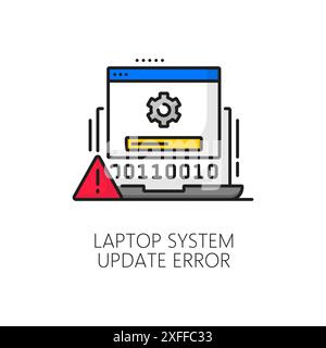 Errore di aggiornamento del software di sistema del notebook icona della riga a colori. Sviluppo di applicazioni per PC, aggiornamento del software del computer o icona vettoriale di download del servizio telefonico con laptop, ruota dentata e punto esclamativo Illustrazione Vettoriale