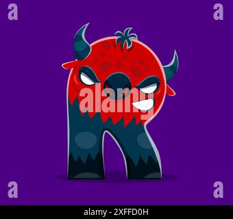 Font di Halloween, lettera R come personaggio del mostro diavolo, alfabeto ABC dell'horror vettoriale dei cartoni animati. Tipo di carattere Halloween o carattere spaventoso per i bambini, lettera R a forma di diavolo infernale con spavento e corna Illustrazione Vettoriale