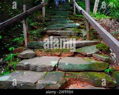Scale in pietra a Phu Thok o Wat Chetiyakhiri, splendido paesaggio montano, provincia di Bueng Kan, Thailandia. Foto Stock