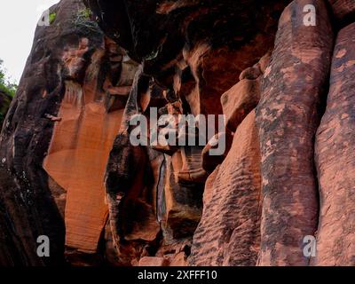 Scogliere rocciose a Phu Thok o Wat Chetiyakhiri, splendido paesaggio montano, provincia di Bueng Kan, Thailandia. Foto Stock