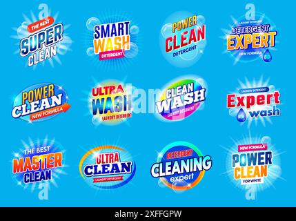 Logo del servizio lavanderia. Sapone detergente nuovi badge formula per la progettazione di confezioni modelli vettoriali recenti con spazio per il testo Illustrazione Vettoriale