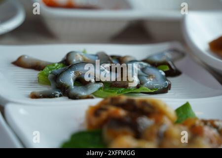 Il pesce crudo di cetriolo di mare, chiamato ginseng selvatico del mare, è apprezzato nei paesi asiatici, tra cui la Corea Foto Stock