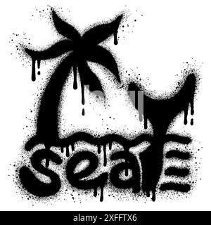 Graffiti marini con vernice spray nera e palme. icona estate. Illustrazione Vettoriale