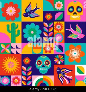 Day of the Dead, dia de los Muertos, motivi geometrici senza cuciture, icone per le festività messicane. Poster vettoriale, banner e scheda in forma geometrica moderna Illustrazione Vettoriale