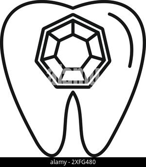 Disegno in linea di un dente con un inserto diamantato, che rappresenta la cura e l'estetica dentale Illustrazione Vettoriale